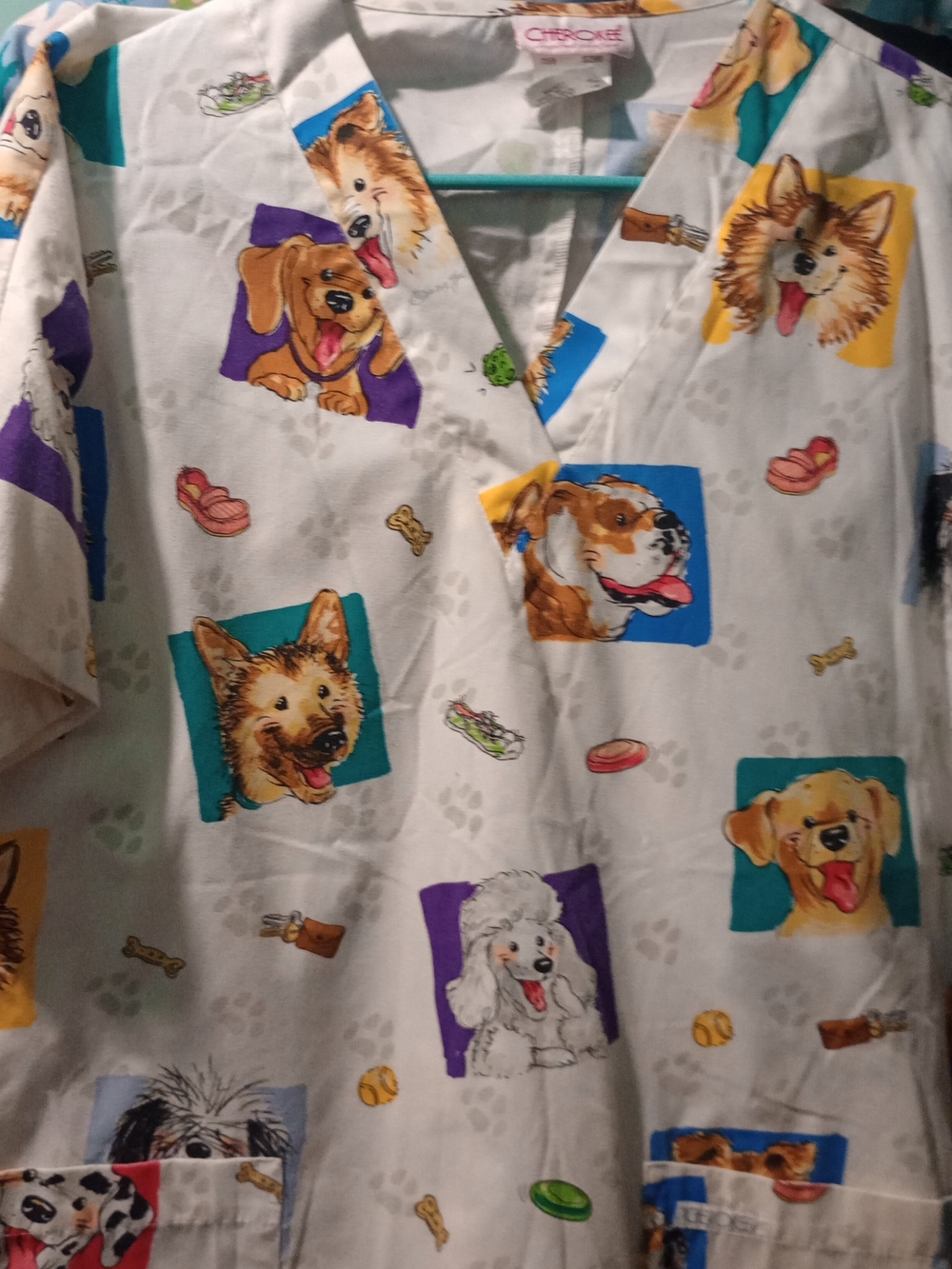 Cherokee White Scrub Top with Multicolor Dog Print (Blue, Purple, Teal, Yellow)